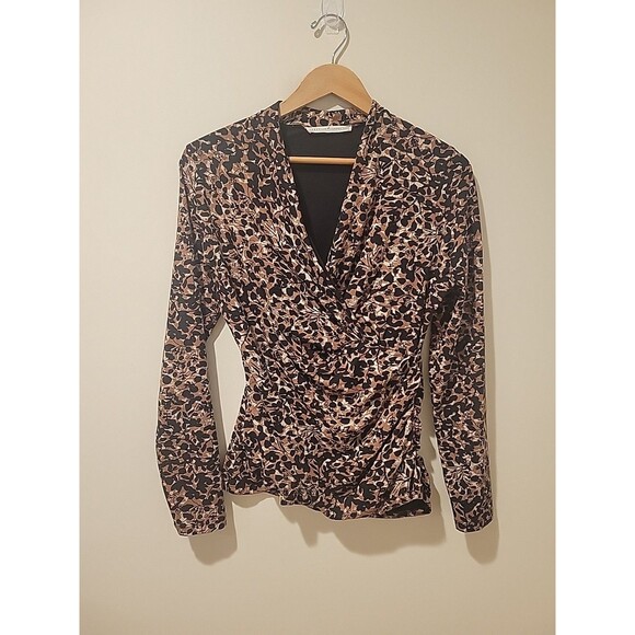Peruvian Connection Pantera Top V Neck Ruched Brown Floral Faux Wrap Shirt M - Picture 2 of 9